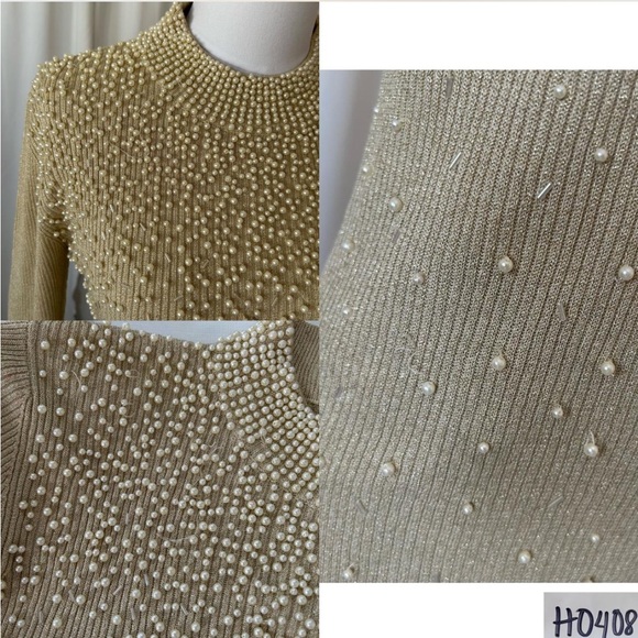 Vintage Silk Belldini Pearl Embellished Metallic Ribbed Mock neck sweater large - Picture 7 of 8